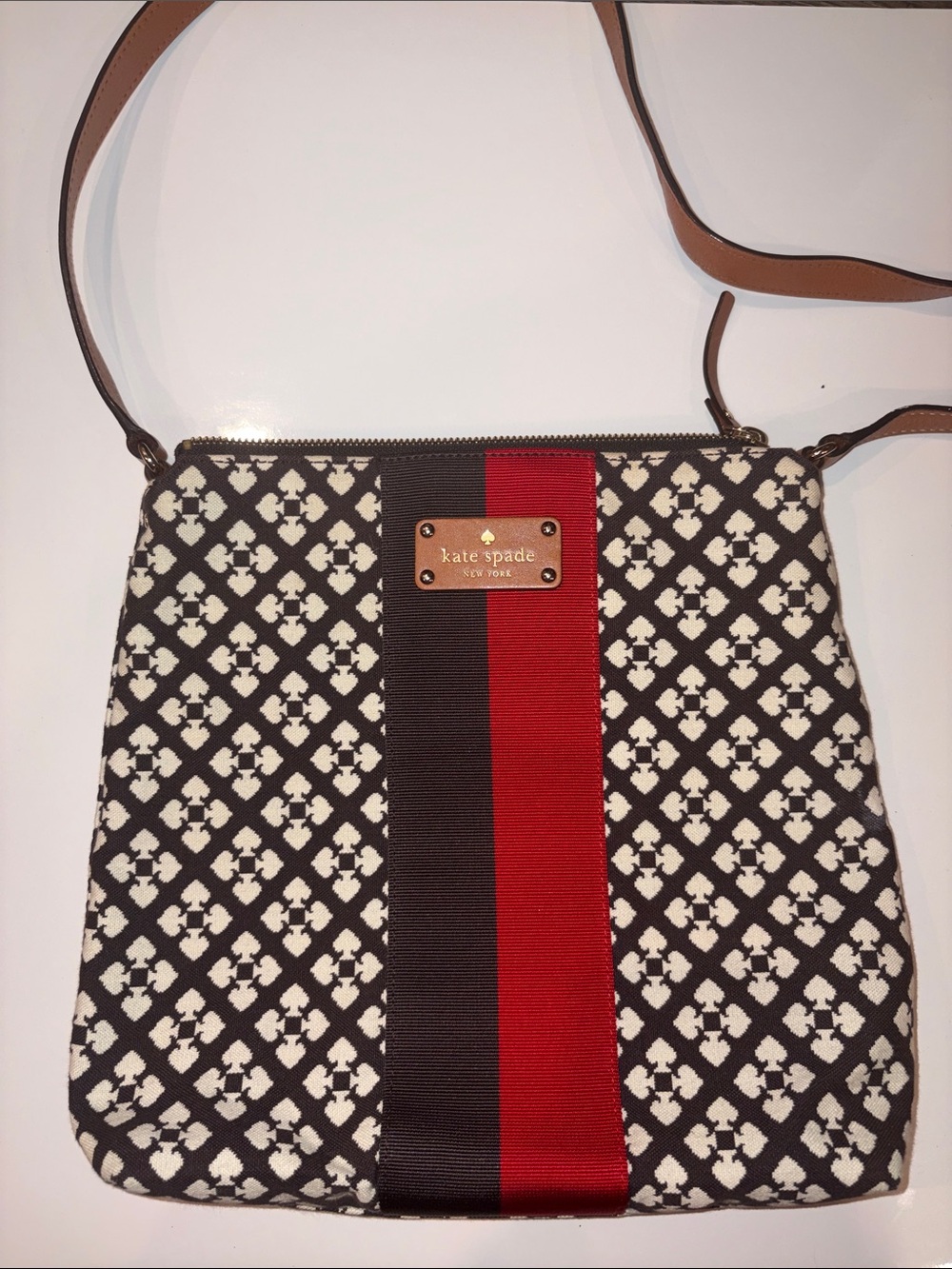 Kate Spade Pattern Crossbody with Red Center Stripe